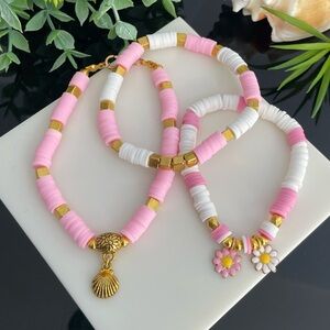 SET of 3 Pink/White Polymer Clay Heishi Beaded Bracelet / Stacking Bracelets